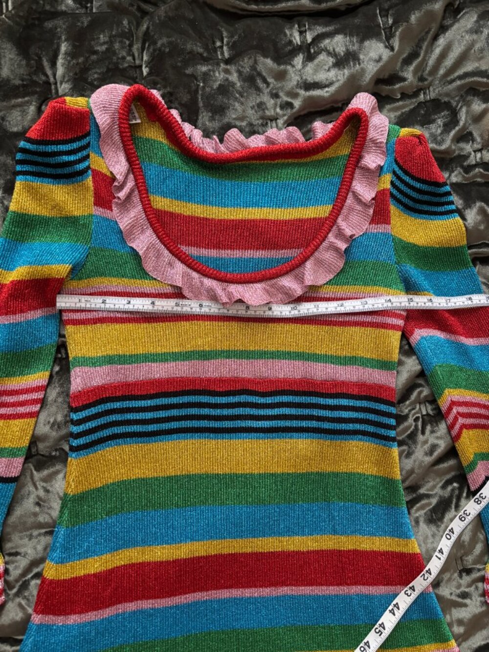MOSCHINO 2019 Metallic Rainbow Striped Ruffled Knit Mini Dress - Picture 3 of 10